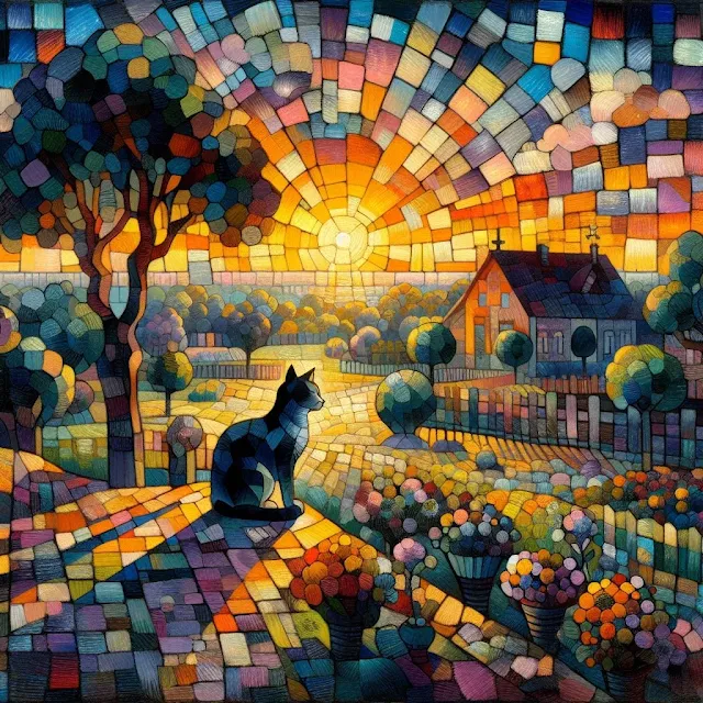 Gato al amanecer en el jardín. Arte digital, cubismo