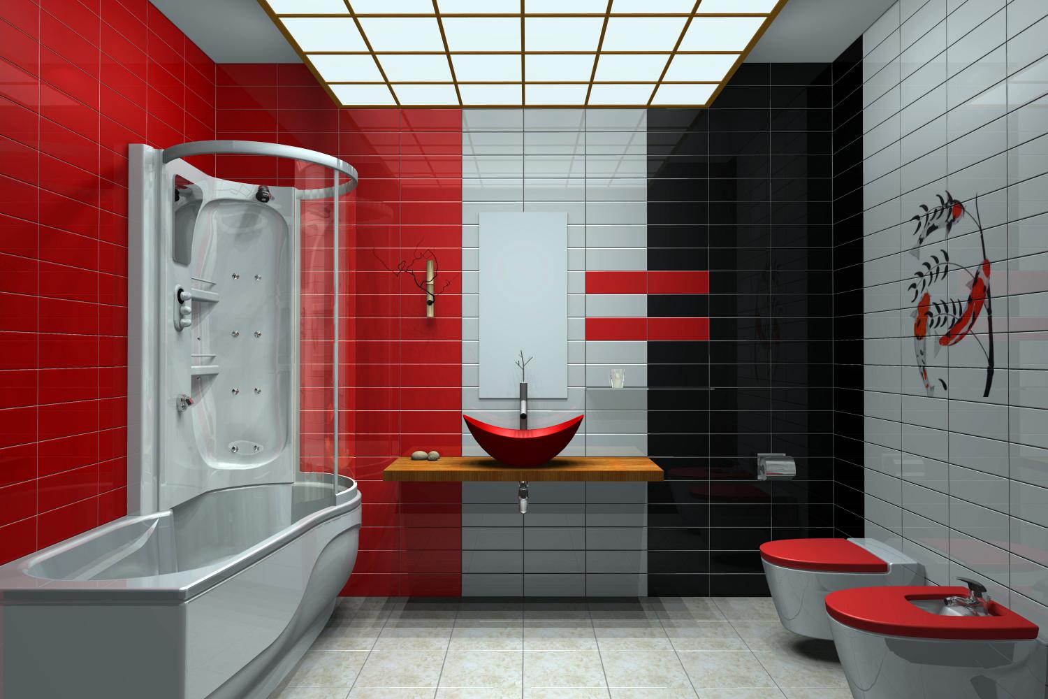 bathroom bath shower Modern Bathrooms with 3 colors tiled Light Gray , Black and Red a nice 