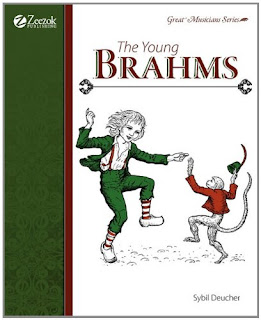 The cover of The Young Brahms, which shows him dancing with a monkey.