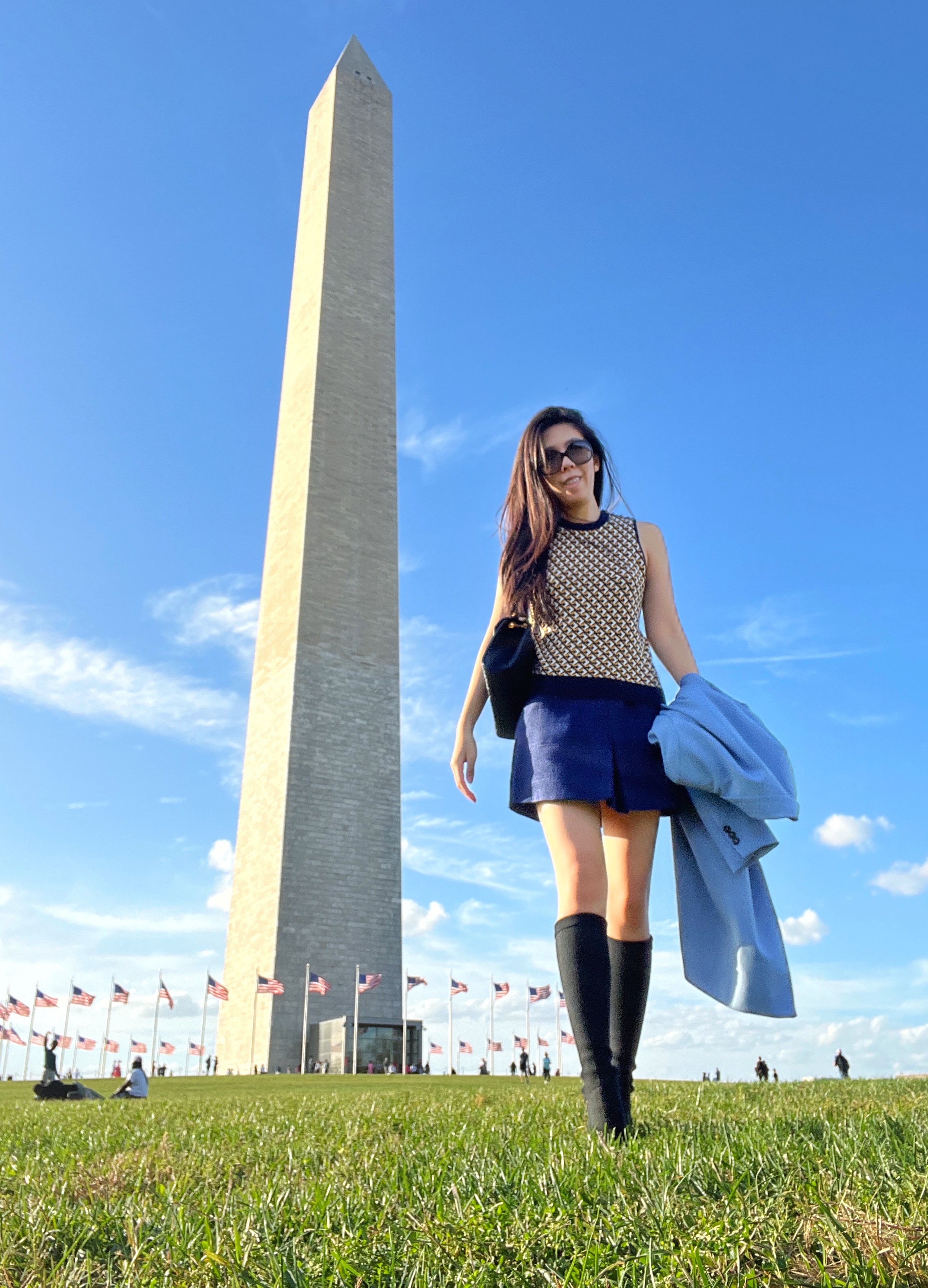 Vivaia Boots_Knee High Boots_Old MOney Outfit with Sweater Vest and Tweed Mini Skirt_Washington Monument_Vivaia_Adrienne Nguyen