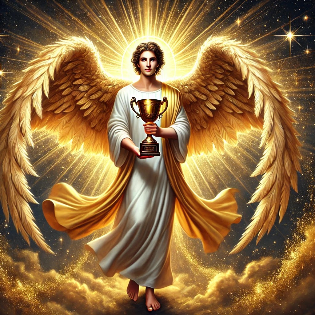 An angel presenting a golden trophy, symbolizing Capricorn’s rewards for their dedication and perseverance.