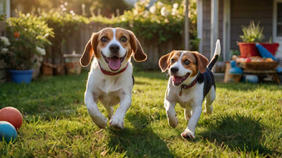 A lively Beagle joyfully playing in a backyard with children, its tail wagging energetically as it chases a ball