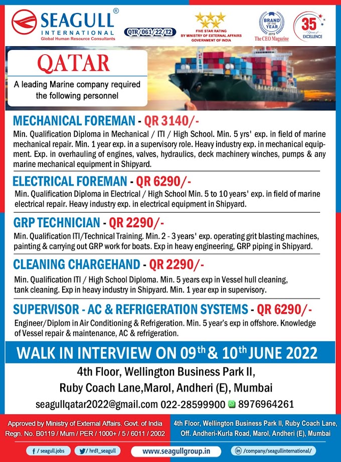Walk-in interview for Marine Jobs in Qatar: Apply Now