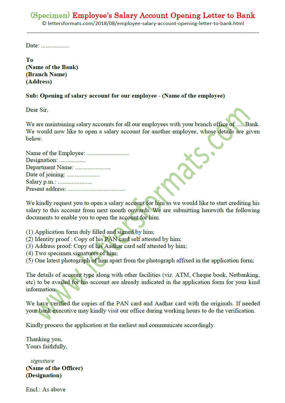 Employee Salary Account Opening Letter To Bank From Company
