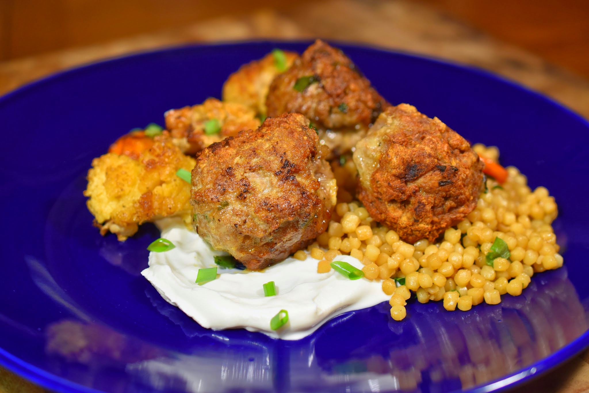 Herby Lamb Meatballs with Israeli Couscous and Za’atar Spiced Root Vegetables