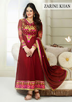 zarine khan, standing photo zarine khan in long designer red frock suit