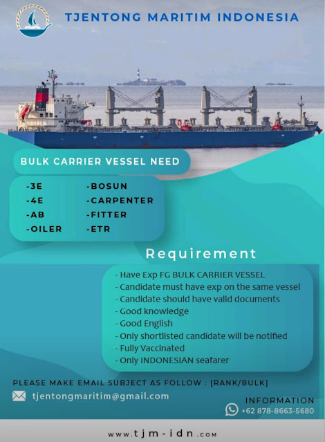 Loker Pelaut Bulk Carrier Tjentong Maritim Agustus 2023