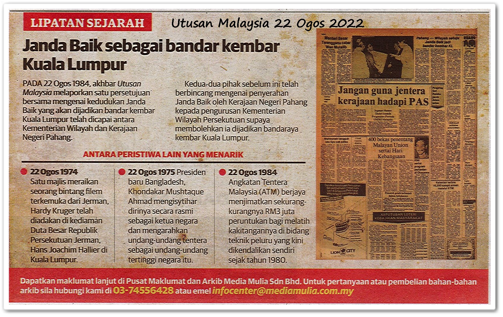 Lipatan sejarah 22 Ogos - Keratan akhbar Utusan Malaysia 22 Ogos 2022