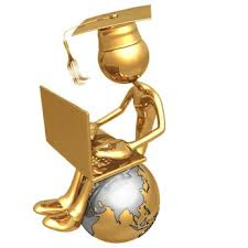  Golden Statue with a graduate sitting on a globe working on a laptop