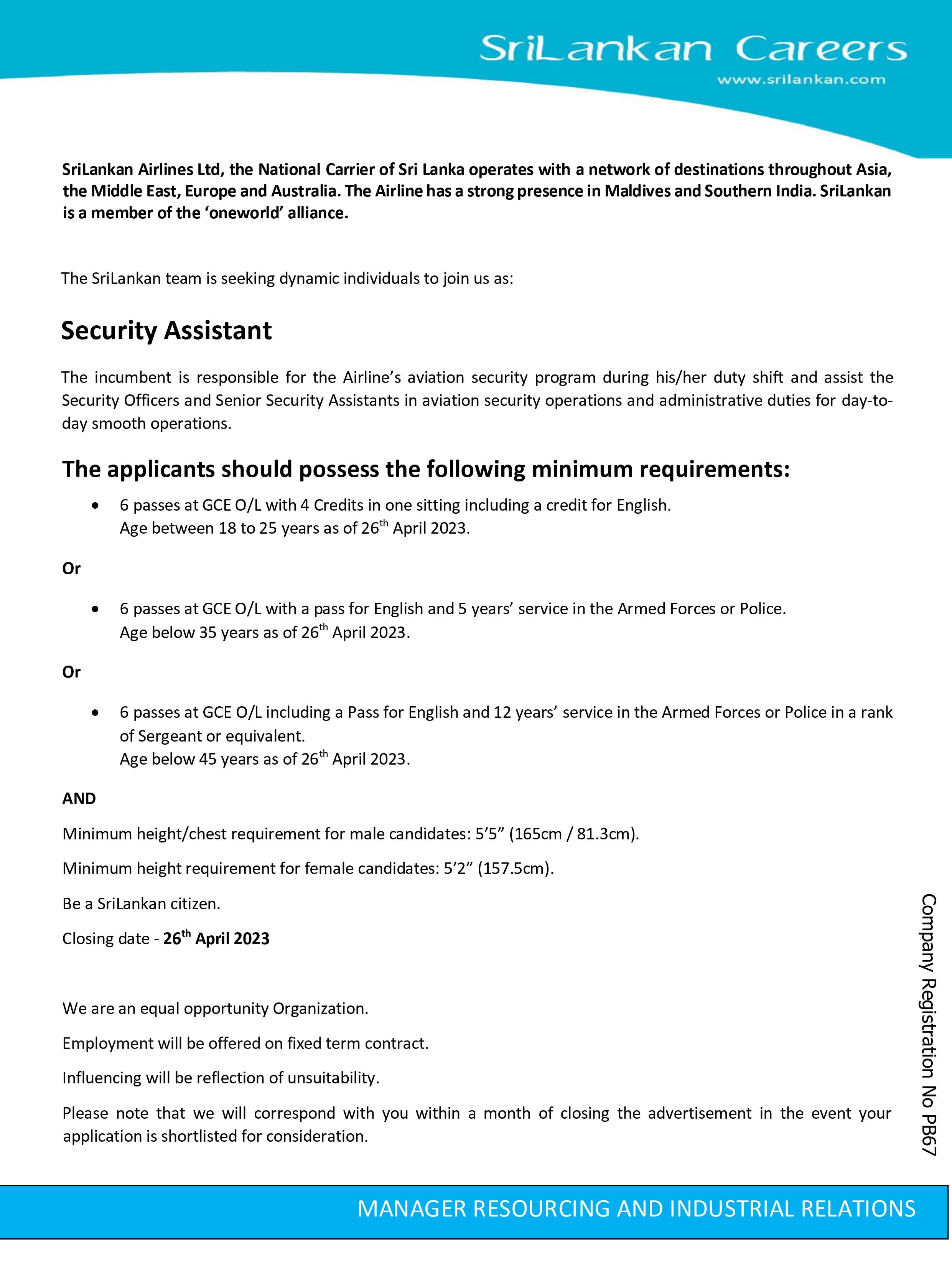 Sri Lankan Airline Job Vacancies 2023