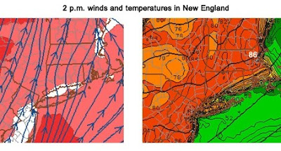 A model simulation shows southerly winds streaming over New England (left) and very warm mid-afternoon temperatures (right). (Penn State) 