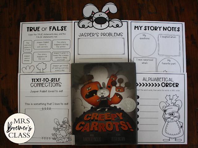 Creepy Carrots book activities unit with literacy companion activities and a craftivity for Kindergarten and First Grade
