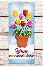 Sunny Studio Blog: Tulips & Terracotta Pot Spring Smiles Slimline Card (using Potted Rose, Timeless Tulips, & Cheerful Daisies Stamps, Stitched Scallop Dies and Rainbow Bright Paper)