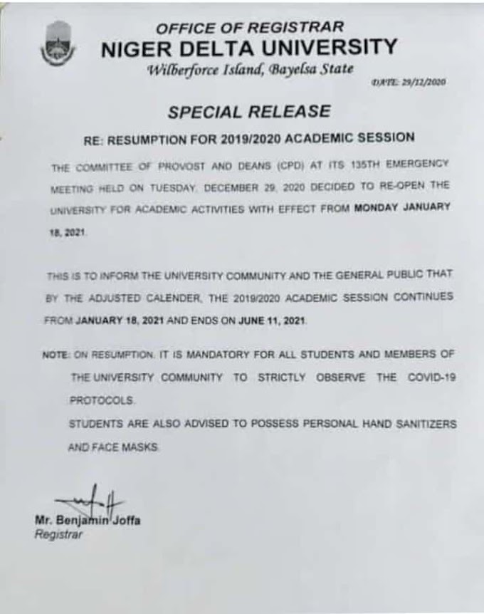 Niger Delta University Releases Resumption Date 