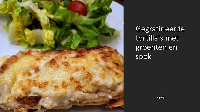 Gegratineerde tortilla met groenten en spek