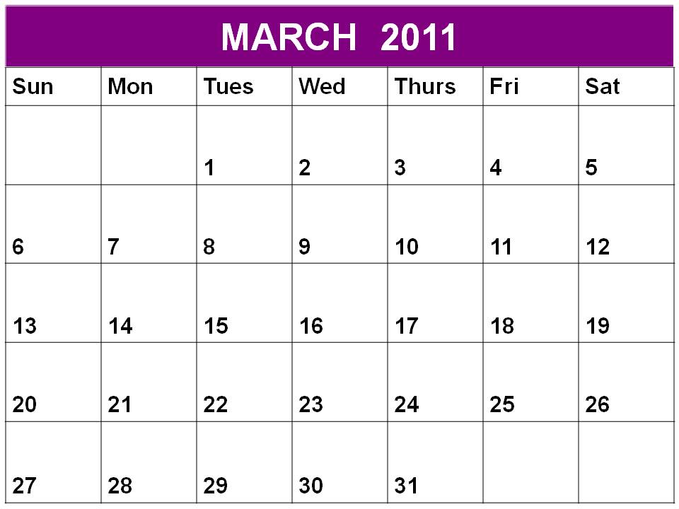 Free printable Planner 2011 March or Blank Calendar March 2011