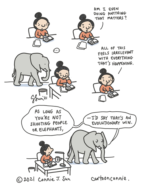 Elephant comic strip about gun violence in America, sketchbook drawing, illustration by Connie Sun, cartoonconnie