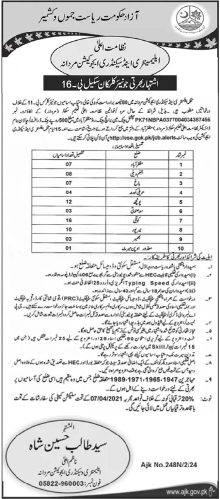 Elementary and Secondary Education Department ESED Admin Clerical Jobs In Muzaffarabad 2024