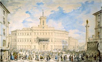 Giovanni Paolo Pannini L’estrazione del lotto davanti alla Curia  Innocenziana in Piazza Montecitorio Nella sua veste di capitale pontificia, ma anche di crocevia internazionale della cultura, Roma vive nel ‘700 una stagione straordinaria. Dopo il 1710 si riaprono le scene. Anche il gioco, attività sociale per eccellenza, esce dai salotti per scendere in piazza con il Lotto, istituito da Clemente XII nel 1731 per raccogliere fondi a scopo benefico, e subito divenuto passatempo quotidiano.Il bel disegno del celebre vedutista raffigura l’estrazione del Lotto a Roma, evento seguito con particolare attenzione e aspettative tanto dai popolani quanto dai signori. Nato quasi certamente nel XVI secolo a Genova, il gioco si diffuse tra XVII e XVIII secolo in quasi tutti gli Stati italiani con risvolti anche filantropici. Col nome di “Lotto della Zitella”, ad esempio, divenne un modo per dotare le ragazze povere in età da marito, mentre il resto dei proventi veniva differentemente impiegato. Nonostante ciò il gioco fu spesso osteggiato perché considerato immorale e nel 1725 papa Benedetto XIII arrivò a vietarlo in tutto lo Stato della Chiesa. In un momento di grave dissesto delle finanze papali, venne reinserito con nuove regole: nove estrazioni l’anno con cinque numeri vincenti ogni volta. Dal febbraio 1743 il luogo deputato alle estrazioni del Lotto divenne il balcone del Palazzo di Montecitorio, allora sede della Corte di Giustizia.Qui si teneva l’estrazione del Lotto: i numeri erano estratti da un orfanello, detto “ruffianello”, ed erano gridati dal grande balcone centrale alla folla, che riempiva la piazza.