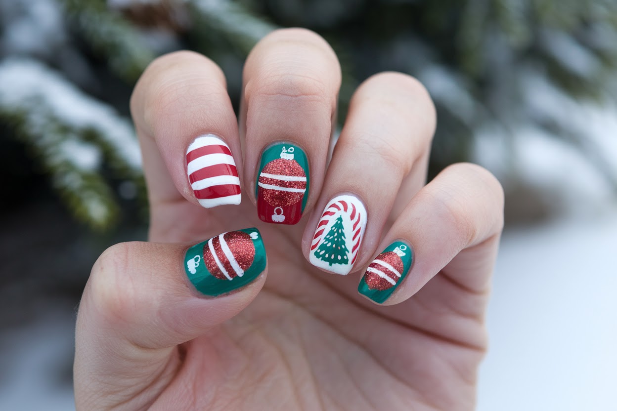 Retro Christmas Ornament Nail Designs Retro Christmas Ornament Nail Designs