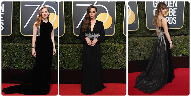 Jessica Chastain; Katherine Langford; Dakota Johnson, Looks dos globos de ouro 2018