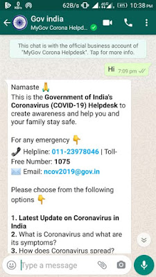 Indian Government launches whatsapp chatbots to create awareness about the corona virus