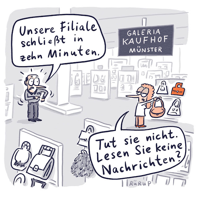 Warnstreik, Schließung, Kürzung, Filiale, Nachrichten, Feierabend, Einkaufen, Innenstadt, Cartoon, Rürup