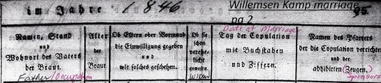 Heading for Wilmsen Kamp Marriage Nov 1846