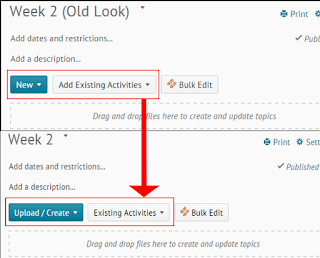 a screenshot of the old New and Add Existing Activities buttons in Content contrasted with a screenshot of the upcoming Upload/Create and Existing Activities buttons in Content