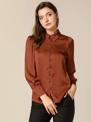 Brown Satin Puff Sleeves Blouse