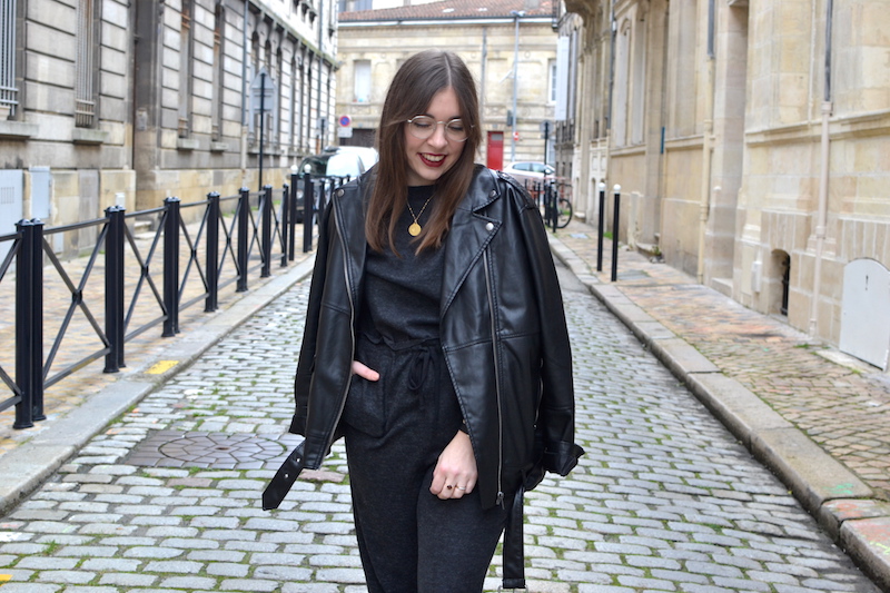 combinaison douce grise Zara, perfecto noir Monki