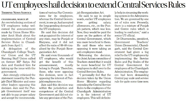 UT employees hail decision to extend Central Services Rules | A delegation of the Chandigarh College Teachers' Union and the UT Nursing Staff Union called on former MP Satya Pal Jain and thanked him for taking up the issue with the government