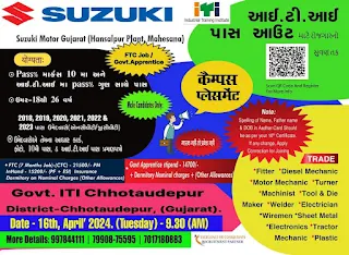 ITI Jobs Campus Placement for Suzuki Motors Becharaji, Gujarat for FTC and ITI Apprentice Posts