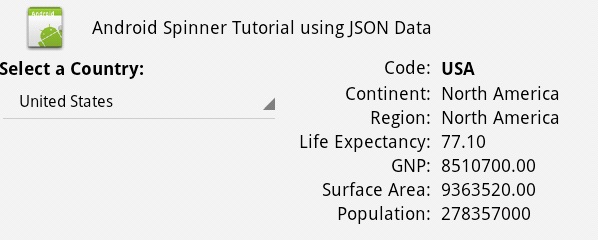 Android spinner example using JSON data from MySQL and Java Servlet