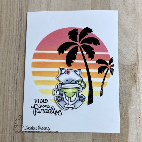 Find you paradise by Debbie features Newton Loves Tacos, Retro Sun & Palms, and Paradise Palms by Newton's Nook Designs; #inkypaws, #newtonsnook, #catcards, #tropicalcards, #cardmaking