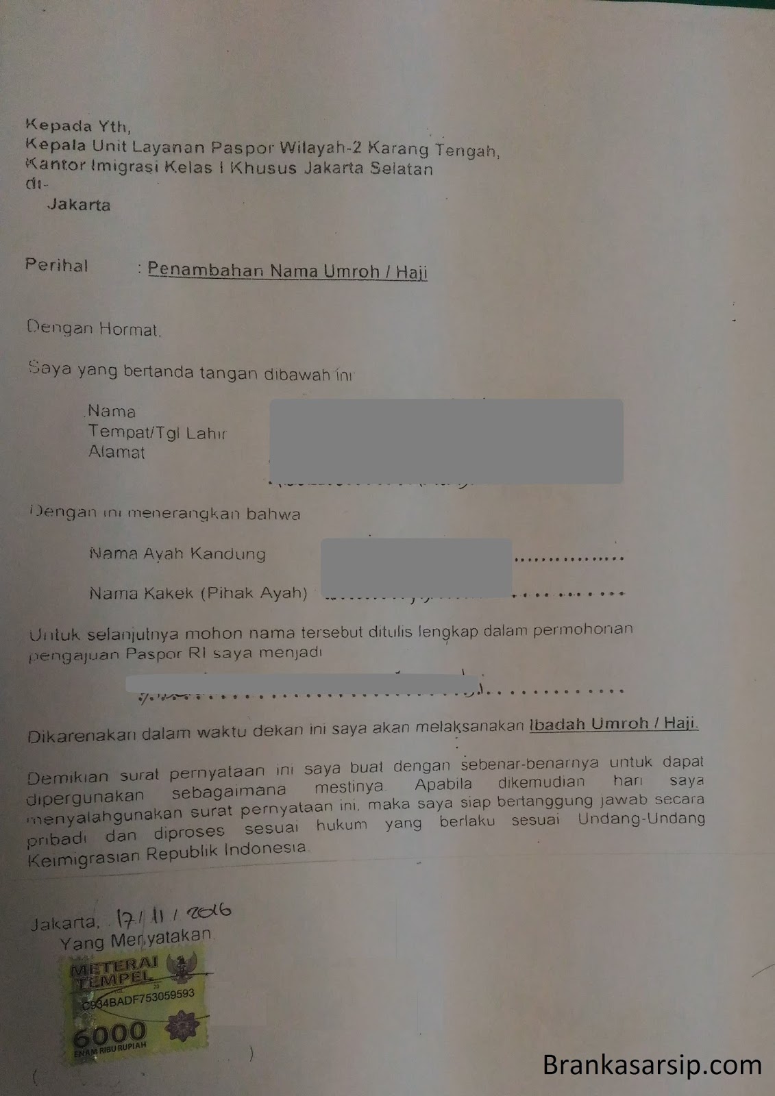 Contoh Surat Pernyataan Penambahan Nama Di Paspor  Brankas Arsip