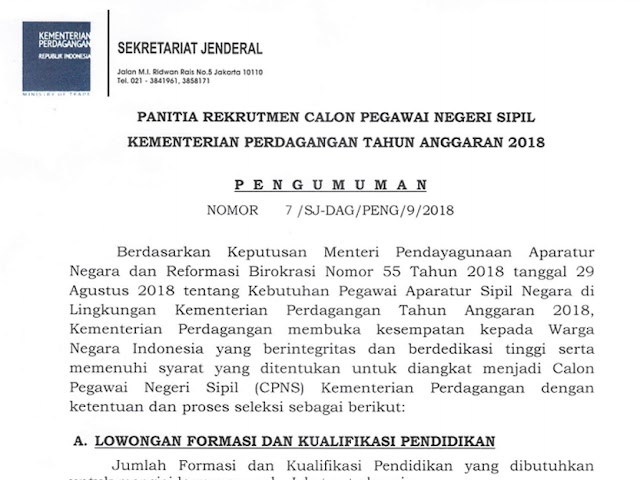 Formasi dan Persyaratan Pendaftaran CPNS 2018 di Kementerian Perdagangan