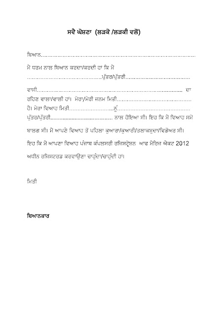 Boy Girl Self Declaration Form for Marriage Certificate Punjab
