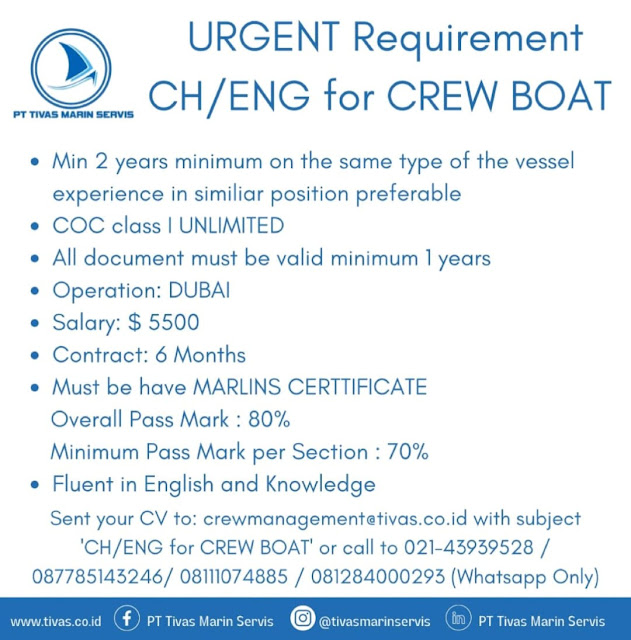 Urgent Need Chief Engineer Kapal Crewboat Januari 2024