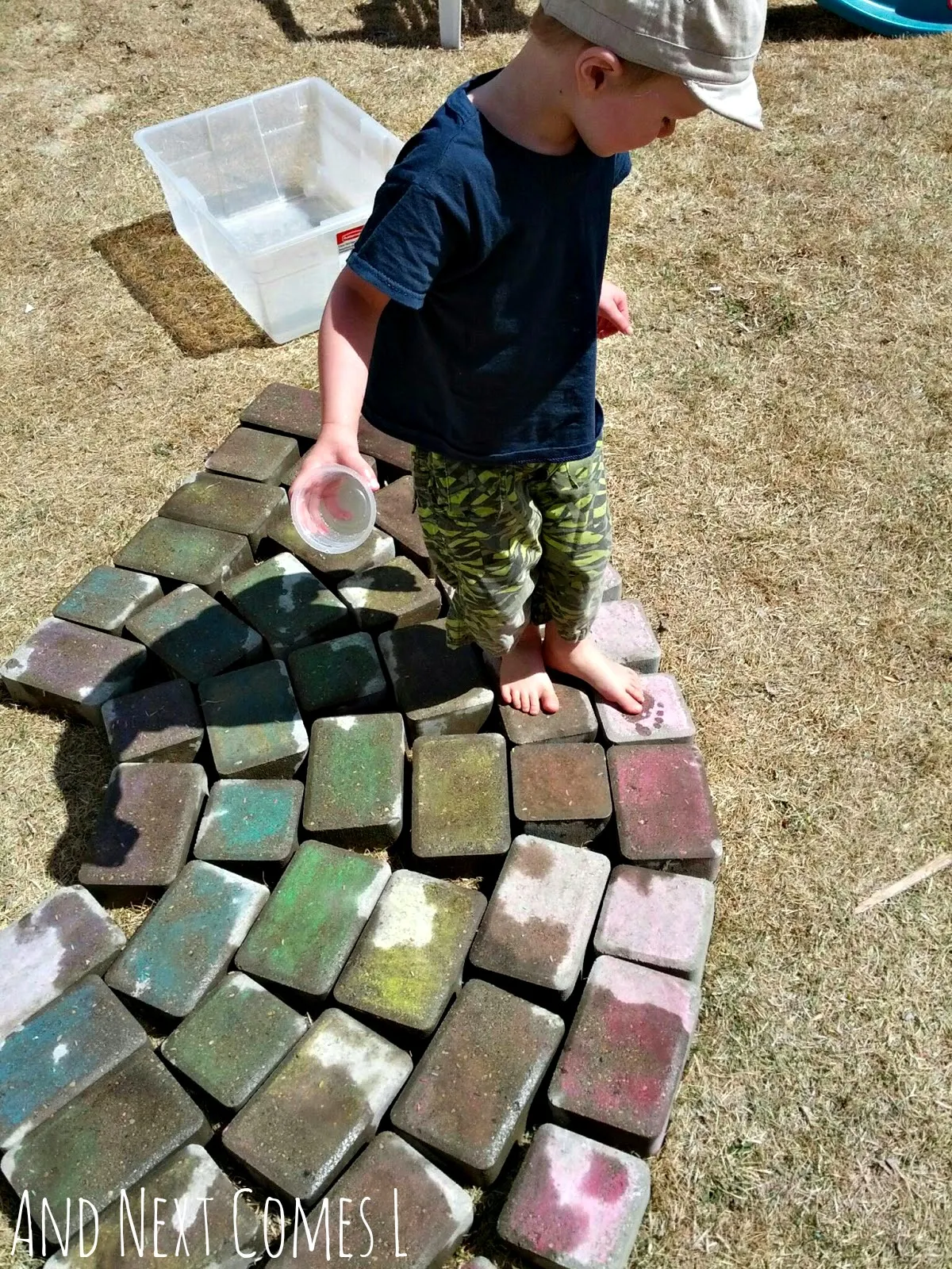 Water play for kids using a giant chalk rainbow from And Next Comes L