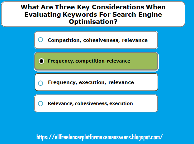 What are three key considerations when evaluating keywords for search engine optimisation correct answer?