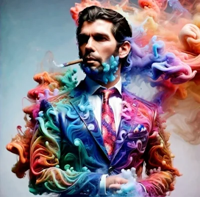 Donald Trump Jr wearing a suit with rainbow smoke all around him