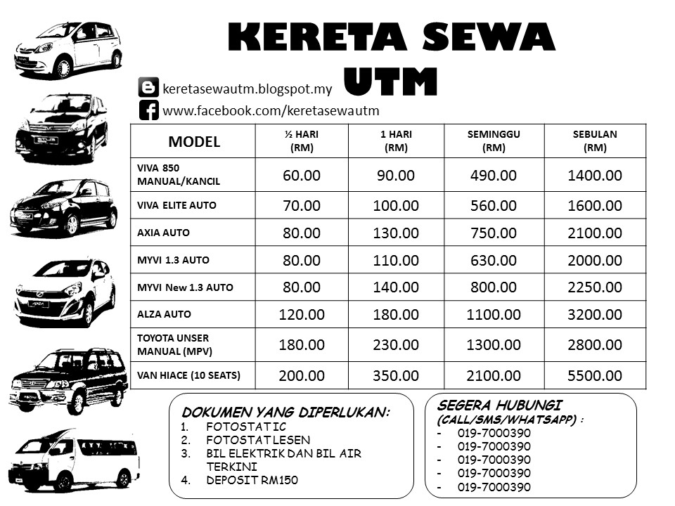 Kereta dan Van Sewa Murah-Murah di Dalam UTM dan Sekitar 