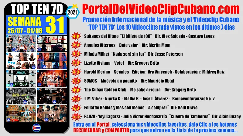 Artistas ganadores del * TOP TEN 7D * con los 10 Videoclips más vistos en la semana 31 (26/07 a 01/08 de 2021) en el Portal Del Vídeo Clip Cubano