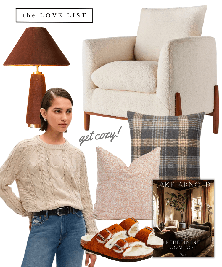 cozy fall home decor boucle armchair velvet lamp plaid pillow