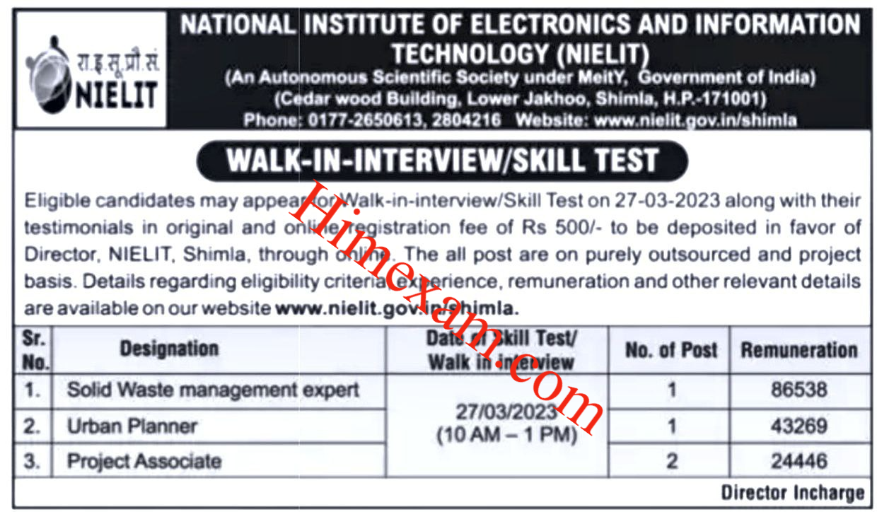 NIELIT Shimla Project Associate & Other Posts Recruitment 2023