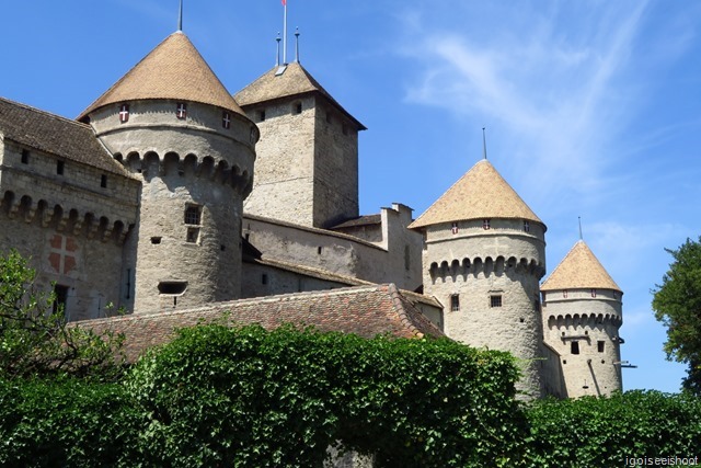 Interesting round turrets on the wall and square towers Chillon Castle