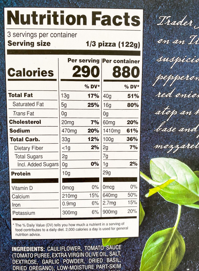 Trader Joe's Gluten Free Uncured Pepperoni Pizza nutrition info label