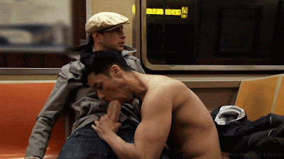 Gay public sex, naked sexy man sucks cock on subway, cocksucking, dick, blowjob, exhib, train, Robot Jack