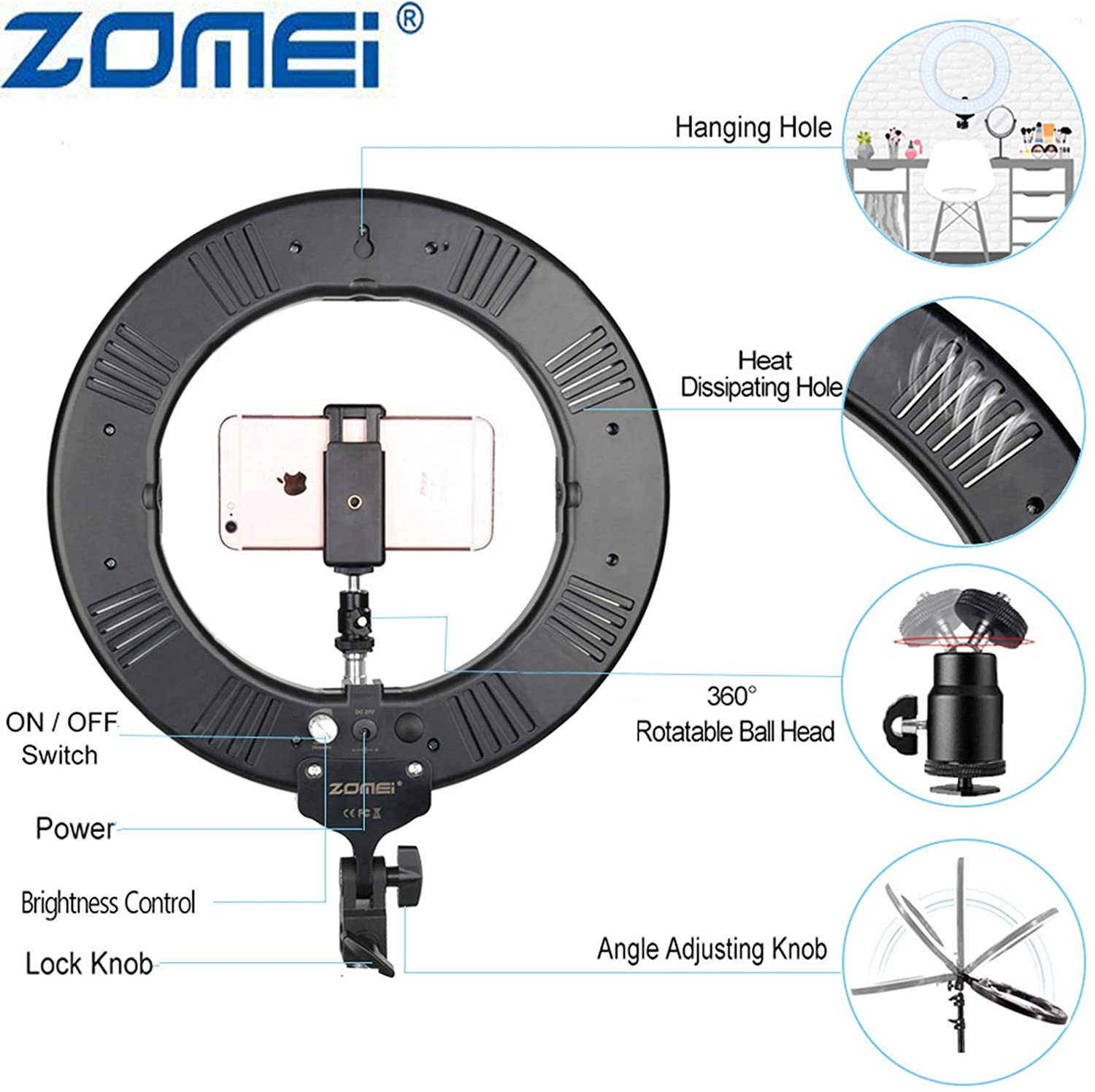 ZOMEI 14 inch LED Ring Light, Dimmable 41W 5500k Output Makeup and YouTube Video Light Professional Photography Lights with Stand, Orange Plastic Filters and Carrying Bag